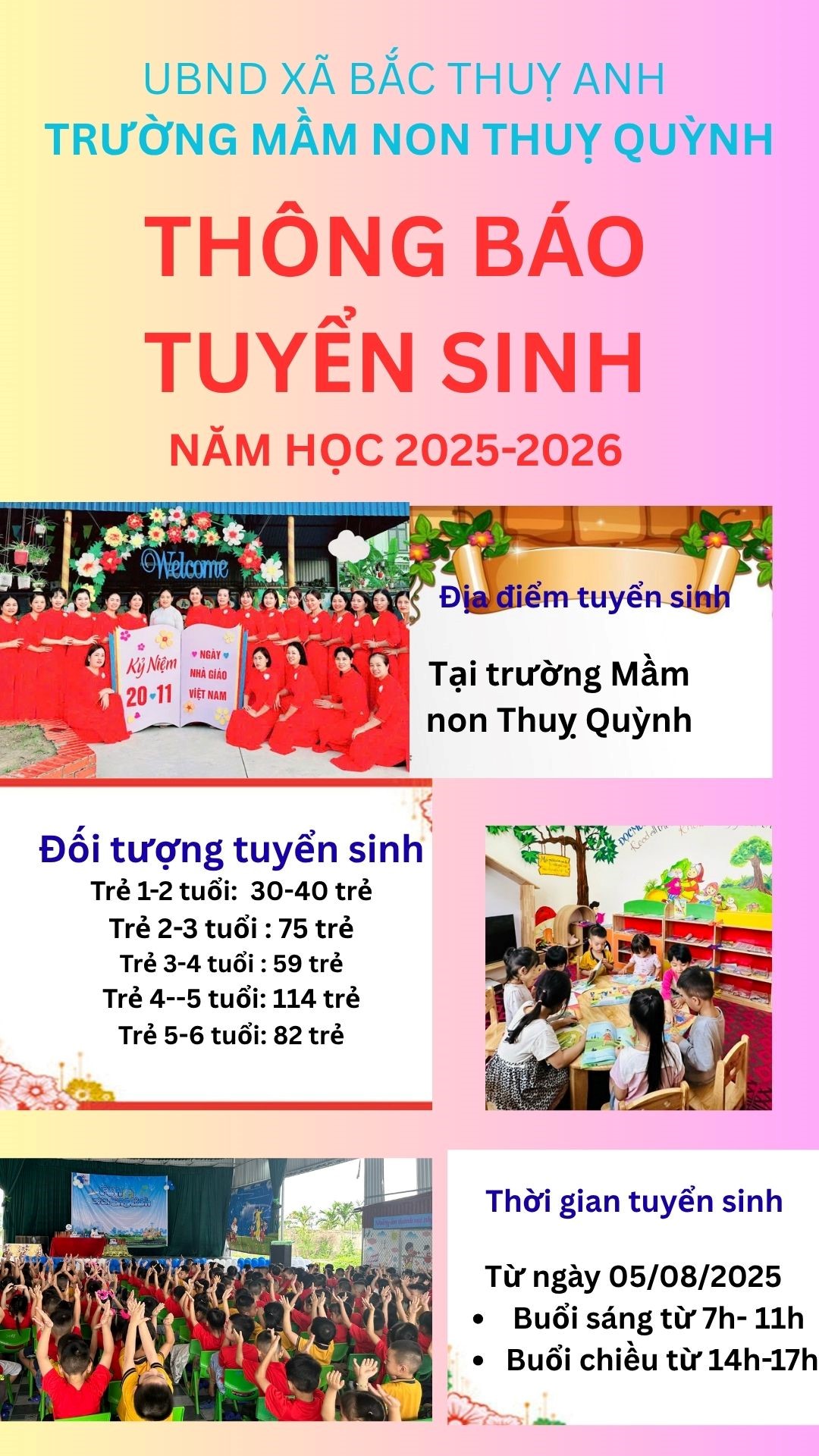 TRƯỜNG MẦM NON THỤY QUỲNH THÔNG BÁO TUYỂN SINH NĂM HỌC 2025–2026
